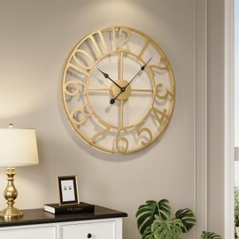 Large Wall Clock 24 Inch Gold, Decorative Wall Clocks Battery-Operated, Modern Metal Round Clock Silent Non Ticking Arabic Numerals for Living Room Kitchen Mantel Bedroom Office Decor
