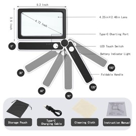 2 Pack Magnifying Glass with Light, Rechargeable Page Magnifier with 3 Light Modes Magnifying Glass for Reading Folding Handheld Lens with Clean Cloth Gifts for Grandma Grandpa Seniors Book Lovers