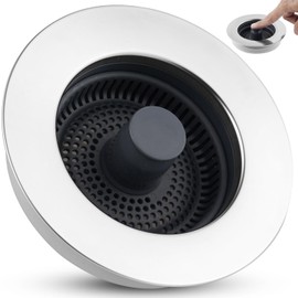 3 in 1 Kitchen Sink Strainer Stopper Combo, Pop Up Kitchen Sink Stopper with Chrome Stainless Steel Wraped Shell for US Standard 3-1/2 inch Drain Filter, Anti-Clog and Easy Clean