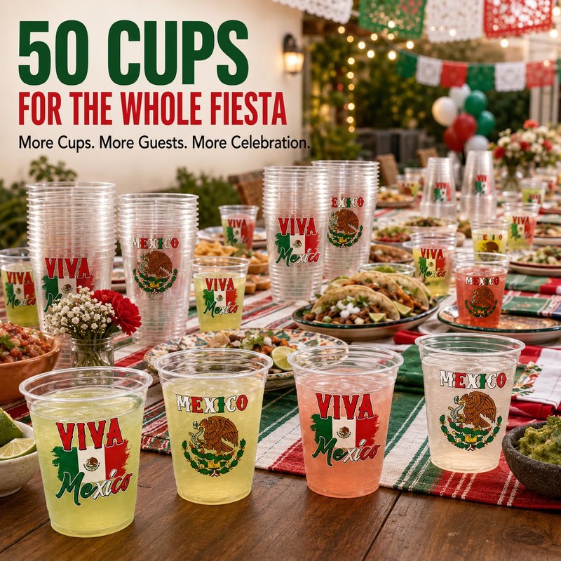 Mexican Independence Day Plastic Cups 50 Pack Disposable Viva Mexico