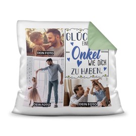 PR Print Royal Cushion with Cushion Filling with Photo Collage to Design Yourself with Three Photos and Saying "Glück ist, einen Onkel wie Dich zu haben, Colour Cushion Back, Sea Green, 40 x 40 cm