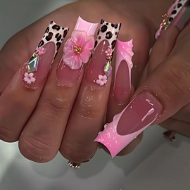 French Tip Press on Nails Long Square Fake Nails Floral False Nails Pink Acrylic Nails Press on Flowers Artificial Nails With Designs Stick on Nails for Women 24pcs