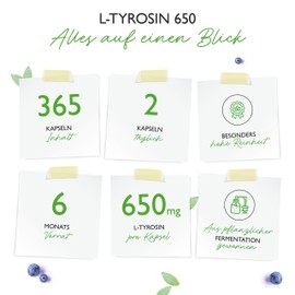 L-Tyrosine - 365 Vegan Capsules - Extra High Dose with 1300 mg per Daily Serving - Pure Amino Acid from Vegetable Fermentation - Laboratory Tested - Vegan - High Dose