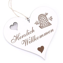 Herzlich Willkommen Sign - Bee Hive with Bees - Decorative Heart Wooden Welcome Sign Door Sign Decorative Sign Door Decoration