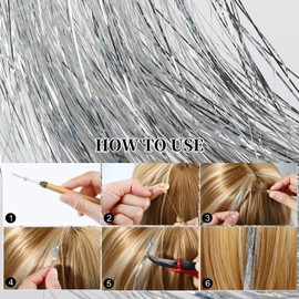 Hair Tinsel Extensions 600 Strands with Tool Sparkling Shiny Hair Tinsel Kit Heat Resistant Glitter Tinsel Hair Extensions for Women Girls 48 Inches
