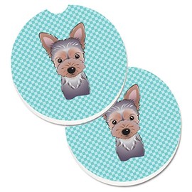 Caroline's Treasures Checkerboard Blue Yorkie Puppy Set of 2 Cup Holder Car Coasters BB1170CARC, 2.56, Multicolor