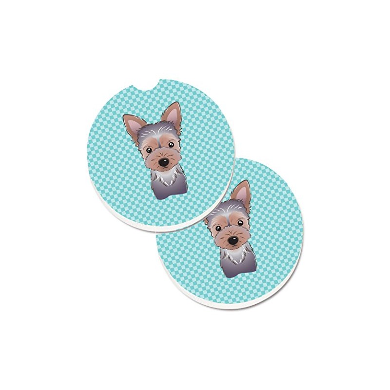 Caroline's Treasures Checkerboard Blue Yorkie Puppy Set of 2 Cup
