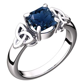 GWG Jewellery 925 Sterling Silver Ring with Large Sapphire Blue Square Stone Graced with Celtic Trinity Knots on Sides – 5 in Gift Box for Women