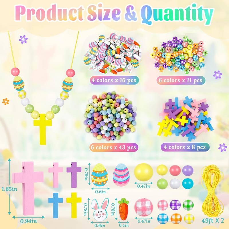 FULAIERGD 32 Sets Easter Wooden Cross Beads Necklace Craft Kits