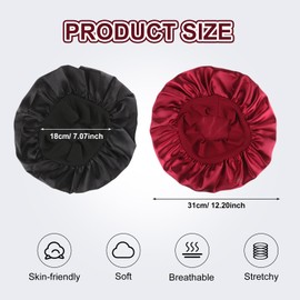 Set aus Satin-Schlafmützen für die Nacht, mit breitem Gummiband, geeignet für Frauen mit langem Haar, inklusive 2 Duschhauben + 2 Haarspangen (schwarz + rot)