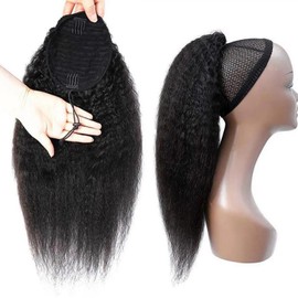 16 Inch Kinky Straight Human Hair Ponytail for Balck Women Yaki Straight Remy Human Hair Drawstring Ponytail Extension 10A Grade Afro Yaki Clip In Pony Tail Hairpiece 120g Natural Color (16 Inch)