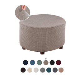 VIENLOVE Round Ottoman Slipcover Polyester Blend Footstool Protector Covers Stretch with Elastic Bottom Feature Textured Machine Washable Jacquard Fabric (Taupe, Large Size)