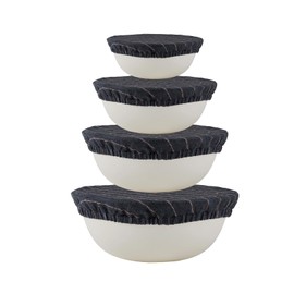 INYOWAKI 100% Pure Linen Bowl Covers For Bread Proofing, 4 Pcs Elastic Reusable Bowl Covers Large Ticking Striped Cloth Fabric Stretch Sourdough Lids, 6 * 8 * 10 * 12 Inches- Deep Blue