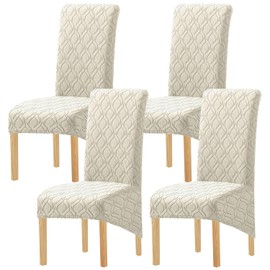 MINGPINHUIUS Chair Covers 4 pack - High Stretch Dining Room Chair Covers, High Back XL Chair Covers Set of 4, Dining Chair Cover for Dining Room Wedding Hotel Banquet Party (Beige White)