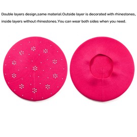LADYBRO Boina de lana para mujer, con diamantes de imitación, 2 capas de punto, boina francesa, cálida, suave, Rose Red (Floral Pattern), talla �nica
