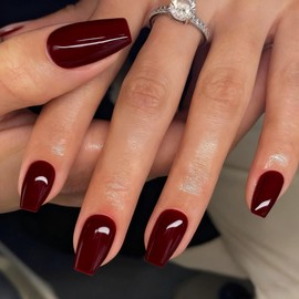 KQueenest Dark Red Press on Nails Short Medium Coffin, Burgundy Maroon Fake Nails Nails Press ons, Perfectly Fit, Short Ballerina Glue on Nails For Women Finger Decoration 24 Pcs