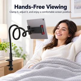 Gooseneck Phone & Tablet Stand for Hands-Free Viewing – 360° Flexible Arm Clip Mount for Bed, Desk & Table