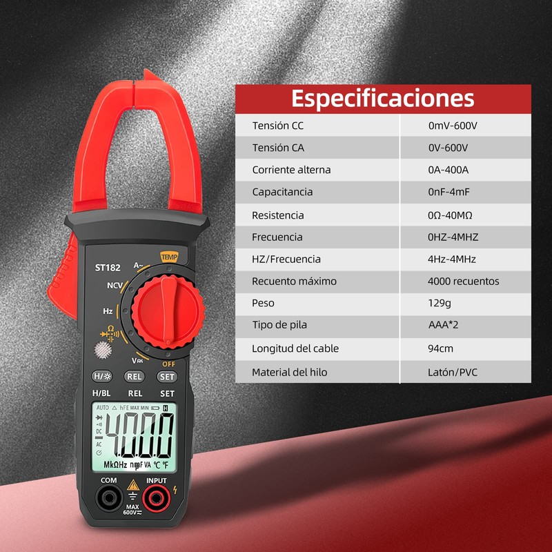 Multimetro Digital de Gancho, Pinza Amperimetrica de 4000 Unidades con