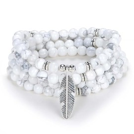 Feather Charm Zen Dear Mala Beads Yoga Inspirational Necklace 108 Durable Self Discovery Mala Prayer Beads Wrap Bracelet (White Howlite)