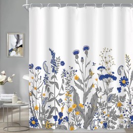 Riyidecor Floral Wildflower Shower Curtain for Bathroom Decor 60Wx72H Mandala Paisley Plant Blue Yellow Spring Nature Leaves Rustic Farm Art Printed Fabric Polyester Waterproof 12 Pack Plastic Hooks
