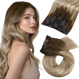 Moresoo Balayage Clip in Hair Extensions Remy Double Weft Hair Extensions Clip in Human Hair Ombre Brown to Light Brown with Golden Blonde 22inch 7Pcs 120G