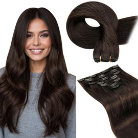 Hetto Clip in Hair Extensions Real Human Hair 7pcs 120g Darkest Brown Invisible Straight Remy Clip in Hair Extensions 14 Inch #2