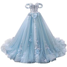 Ball Gown Tulle Off-The-Shoulder Sleeveless Applique Sweep/Brush Train Quinceanera Dresses Sky Blue