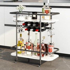 Metal Bar Cart with Two-Tier Design and Generous Storage Space Glass Kitchen - Color: Black