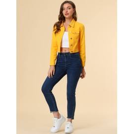 Allegra K Women's Button Down Plaid Cuffs Casual Crop Denim Jean Jackets 3X-Large Yellow