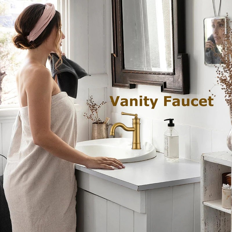 Roman Bathroom Sink Faucet Brushed Gold Single Hole Deck-Mount Pop-up