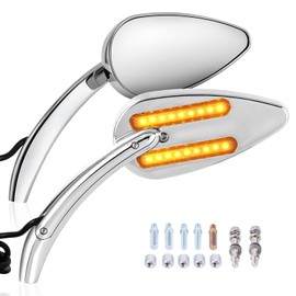 Auto Dynasty Motocycle Side Mirrors Rear View Rotary Adjustment with LED Turn Signal Handlebar Mount Universal for Naked Bike, Cruiser, Dirt Street Bike, Scooter and More, Chrome Cover, Teardrop Style