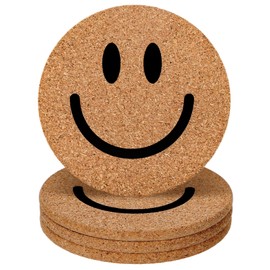 Whaline 4Pcs Smile Face Cork Coasters Cute Smile Round Coasters Farmhouse Heat-Resistant Cup Mats for Wooden Table Protection One Happy Dude Birthday Party Supplies