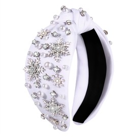 boderier Christmas Headbands for Women Pearl Snowflake Headband Crystal Wide Knotted Headband Xmas Holiday Hair Accessories Gifts (White Pearl Snowflake)