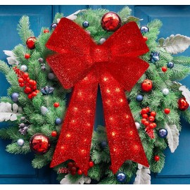 JUSTPRO 32" 72 LED Lighted Red Sparkly Bow Christmas Decoration