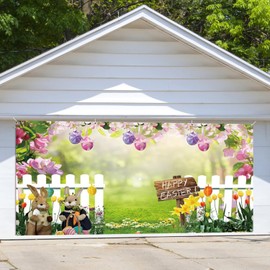 Easter Garage Door Decorations 7x16ft Spring Happy Easter Backdrop Bunny Eggs Garage Door Cover Spring Flower Garage Door Banner Outdoor Large Garage Door Decor