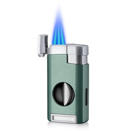 Cigar Lighter Triple Jet Flame Torch Lighter with Cigar Cutter V Cut Cigar Accessories Cigar Holder Windproof Refillable Butane Lighters for Smoking with Gift Box (Green)