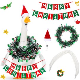 Mindsoft 4 Pcs Christmas Porch Goose Outfit for 23" Statues Poseable Porch Goose Wings Hat Xmas Garland and Merry Christmas Banner for Lawn Patio Outdoor Statue Decoration