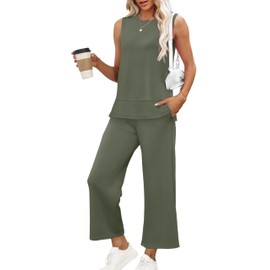 XIEERDUO Womens Two Piece Outfits Summer Travel Tracksuit Sleeveless Vacation Loungewear Spring Sweat Suit Wide Leg Pants Matching Lounge Set Green M