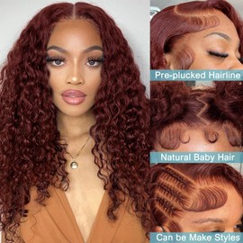 JKD Reddish Brown Lace Front Wigs Human Hair 13x4 Reddish Brown Curly Lace Front Wig Human Hair 180% Density for Women Auburn Deep Wave Wigs Copper Red Glueless Curly Wig Pre Plucked 22 Inch