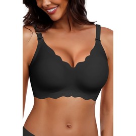 HORISUN Wireless Seamless Bras for Women No Underwire Wavy V Neck Soft Support Full Coverage Comfortable Bra (Black,M)