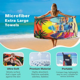 XSMEI Sunset Palms Surfboard Beach Towel Oversized 36" x 72", Thin Lightweight Sand Free Quick Dry Microfiber Towel for Swimming Pool Cruise Camping Travel