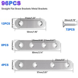 mxuteuk 96PCS Stainless Steel Straight Flat Brackets,Metal Brackets,Mending Plate,Metal Brackets for Wood (50mm/80mm/100mm)