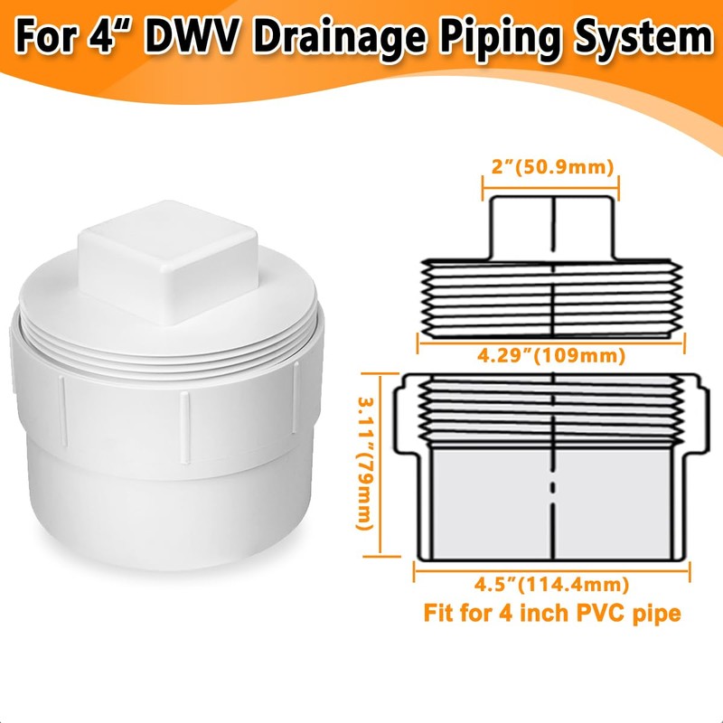 4" PVC Sewer Cleanout Adapter with Plug Pipe Fitting, PVC