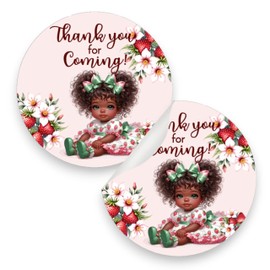 Strawberry Baby Girl African American Party Favor Labels, Birthday Baby Shower Favor Box Jar Round Thank You Stickers for Party Decorations