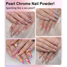 BISHENGYF Pearl Chrome Nail Powder - Super Sheer White Holo Glazed Donut Chrome Powder Set Clear Aurora Mermaid Nail Glitter Powder for Nail Art Design Decoration