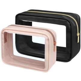 PACKISM TSA Approved Toiletry Bag - 2 Pack Upgrade Color-Edged Clear Makeup Bag, Clear Toiletry Bag For Traveling Fits Various Storage Needs, Black/Pink (2 Sizes)