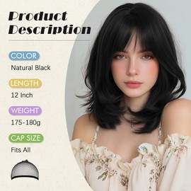 SOFEIYAN Short Black Wig with Bang for Women - 15 Inch Shoulder Length Layered Straight Bob Wigs Natural Looking Synthetic Soft Heat Resistant Wig for Women Daily Party Use,Natural Black
