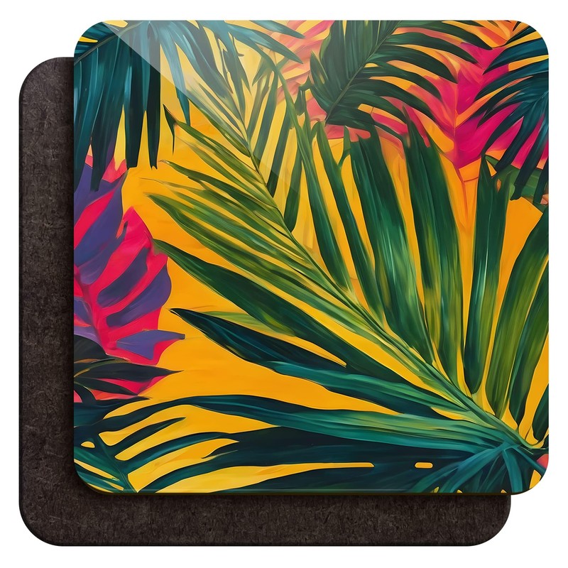 Tropical Leaf Coaster Set, Exotic Floral Art 9cm Glossy Wood