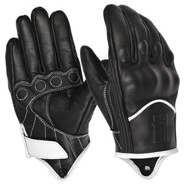 Harssidanzar Men's Motorcycle Gloves Winter Warm Goatskin Leather Fleece Lined Touchscreen Motorcycle Gloves GM041EU, Black/White, Size L