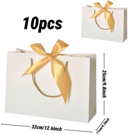 10 Premium White Gift Bags with Gold Bow Ribbons - Elegant Large Present Bags for Weddings, Graduations & Birthdays (13x9.8x4.3 Inches)